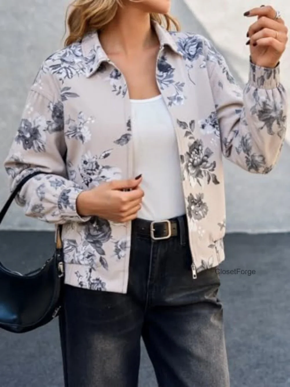 Floral Zip-up Bomber Jacket Denim Long Sleeve Trendy Vintage